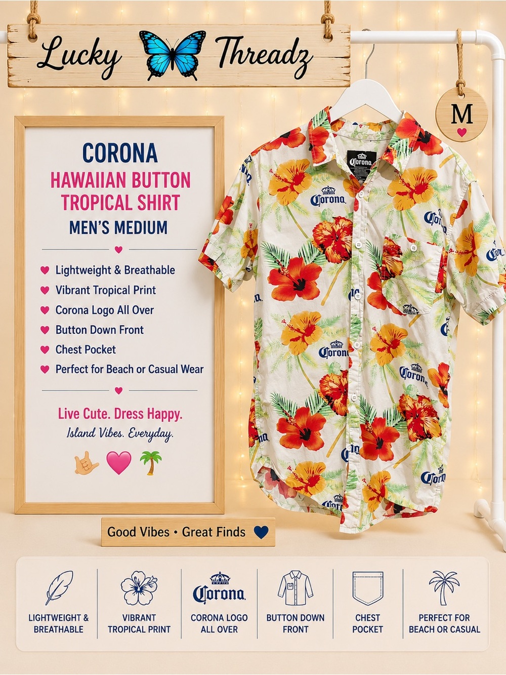Corona Men's Tropical Hawaiian Shirt - White, Red, Yellow, Green, Blue Men’s M